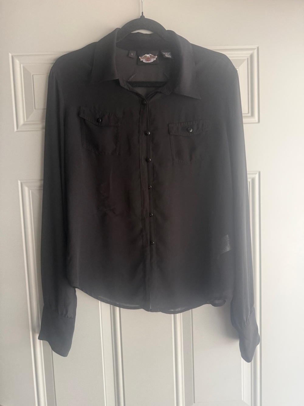 Harley-Davidson Black Sheer Button-Up with Studded Wing Design women size large